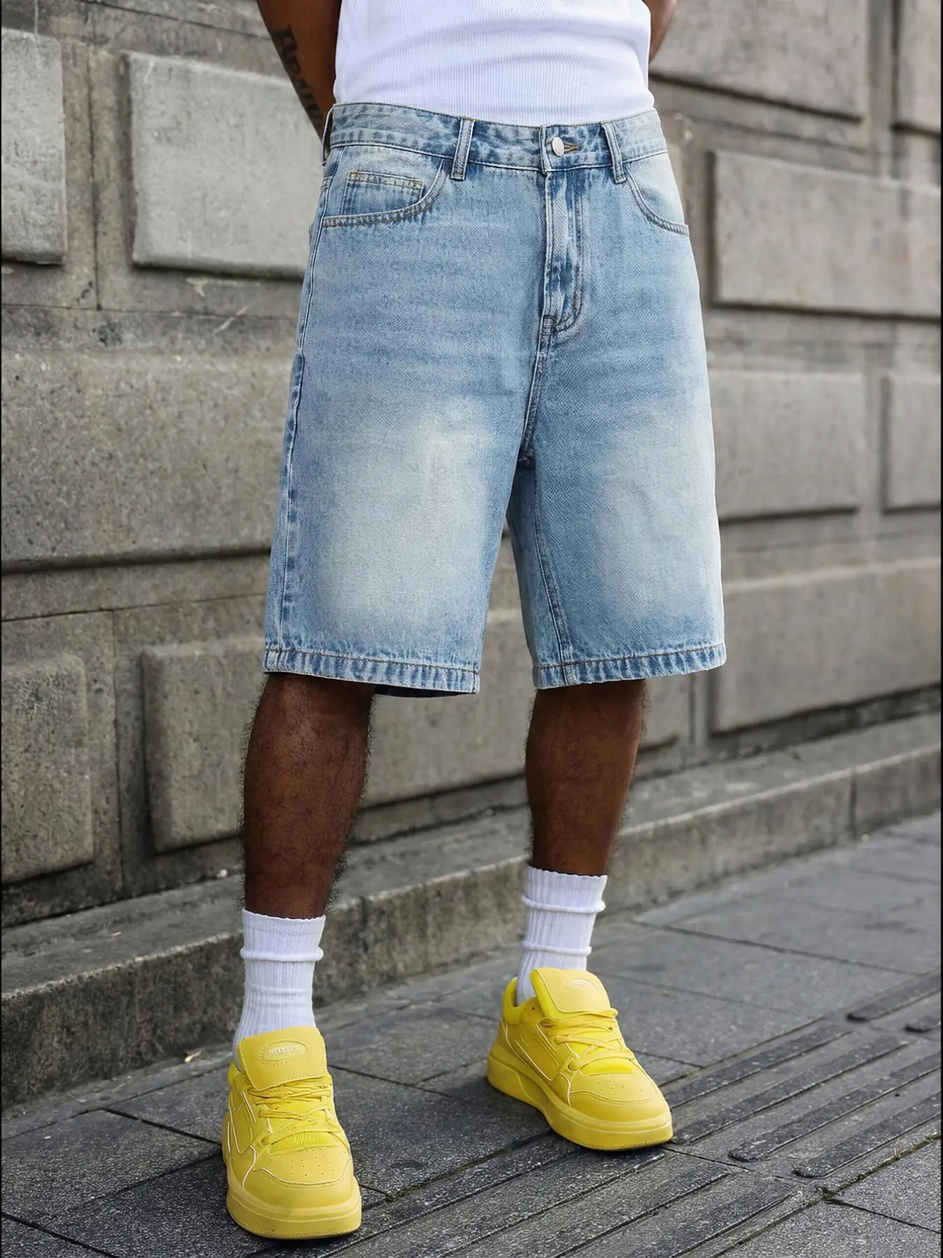 American Vintage Light Blue Tropical Denim Look Jeans Shorts, Plain Casual Streetwear Fitted Style, Drawstring Waist, Pockets, Short Length, Men's Fashion Pants, Menswear