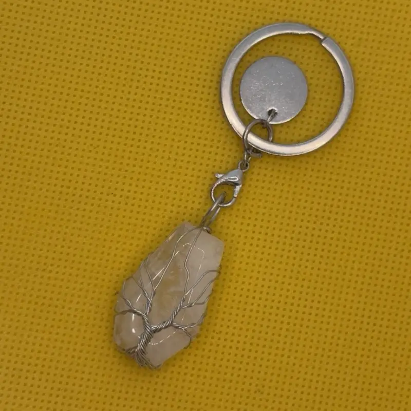 Coffin Shaped clear quartz keychain 3”wire wrapped with tree of life