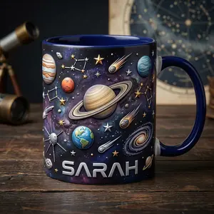 Personalized Astronomy Mug, 2D Printed 3D Effect Space Science Coffee Mug with Custom Name, Faux 3D Cosmic Starry Mug for Astronomy Lovers and Science Enthusiasts, Celestial Desk Coffee Cup, Perfect Birthday Christmas Gift Idea