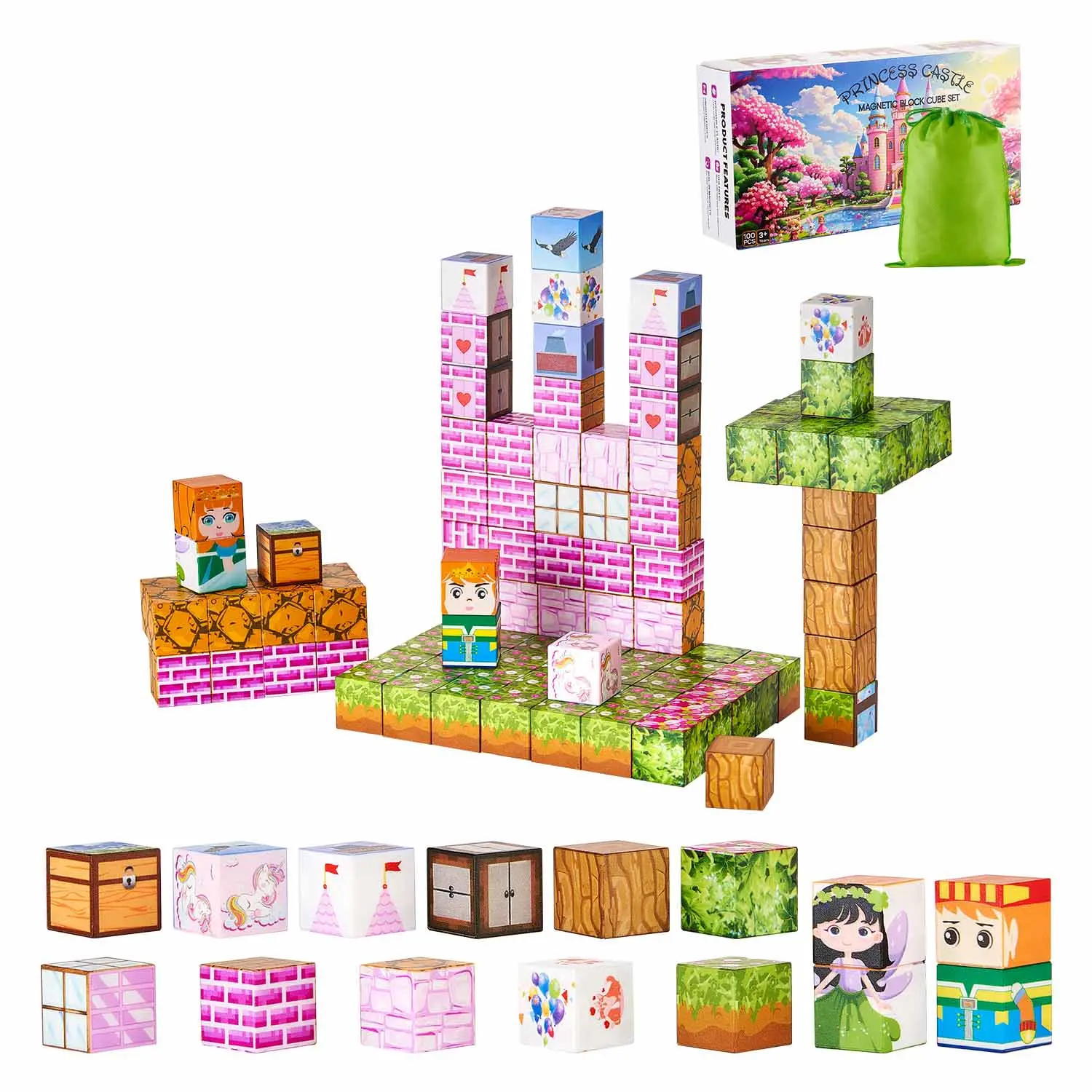 VEVOR Magnetic Blocks Building Set, 100 PCS Princess Castle Magnetic Cubes, STEM Montessori Sensory Toys, Construction Stacking Gifts for 3+ Years Old Boys & Girls (Christmas, Birthday), Magnetic Block Buildings