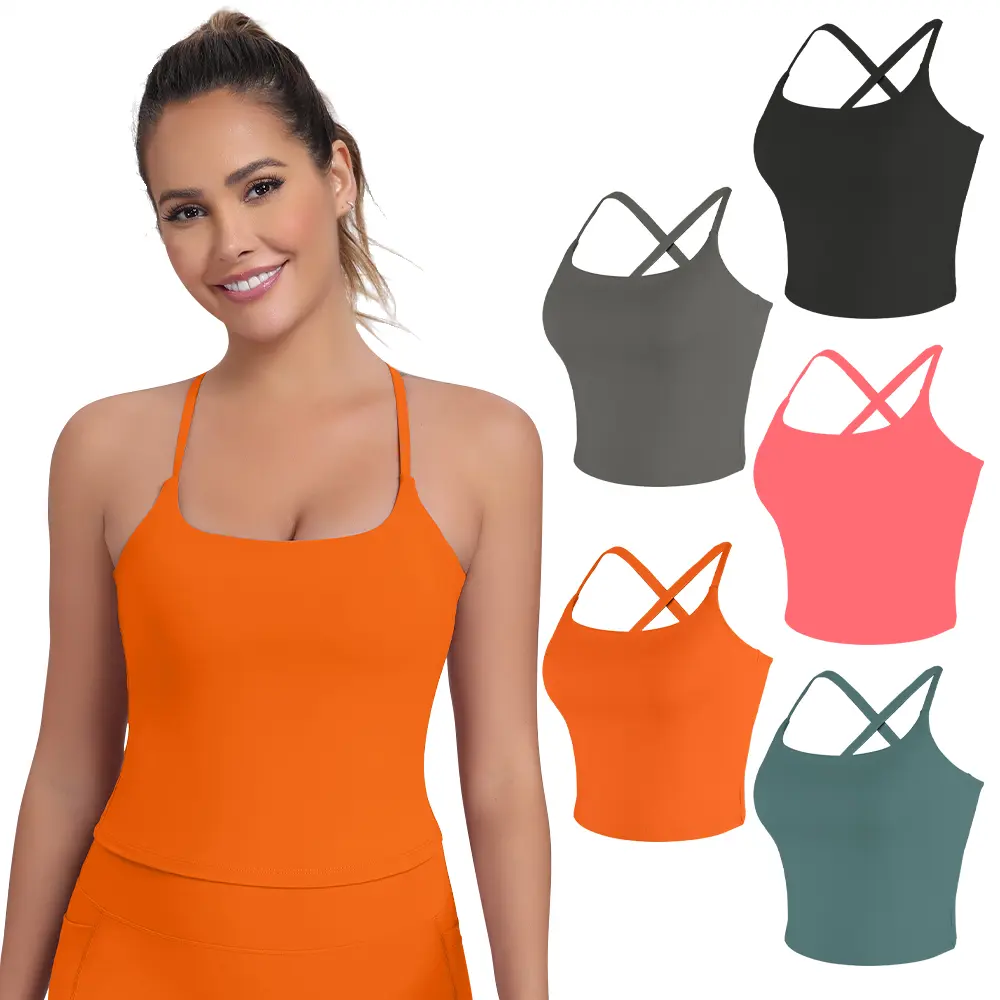 CRAZY YOGA 1/3/5 PCS Adjustable Straps Built-in Bra Tank Top - Criss Cross VS Spaghetti Thin Straps & Scoop Neck, Slim Cute Buttery Soft Thicker Fabric Longline Sports Bra with Built-in One-Piece Bra Pads Yoga Wear Fitness Yoga Gym Activewear