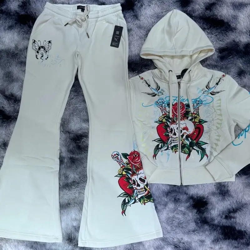 Women's ED Hardy Cream 2-Piece Sweatsuit, Womenswear Clothes, Pants & Top Set for Women's Clothing Sets
