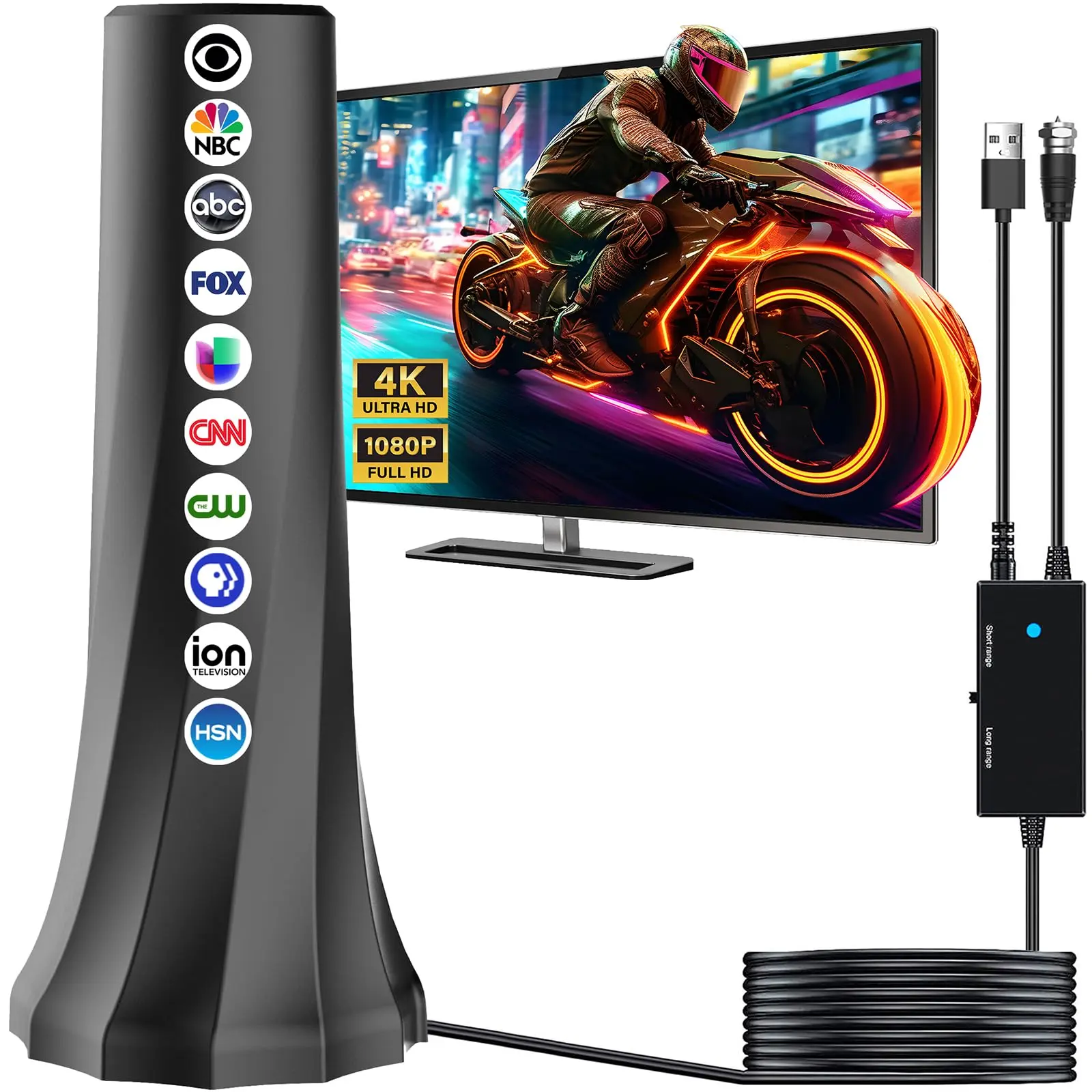 1000 Mile Ultra-Long Range TV Antenna for Smart TVs, Digital Antenna with Built-in Amplifier, 10 Feet Long, Compatible with 4K, 8K, 1080P, Fire TV, DVB-T2