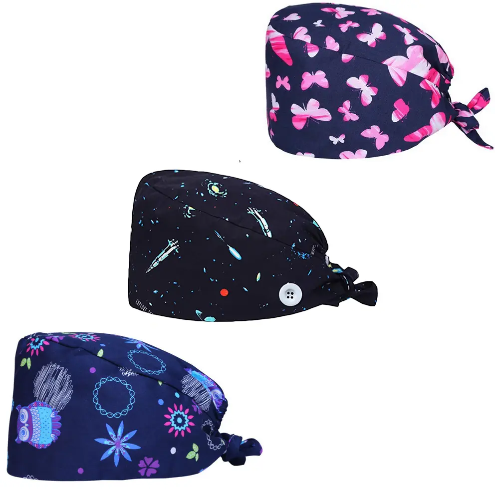 3 Pcs Working Caps with Button & Sweatband Adjustable Scrub Caps Functional Nurse Hats for Women Professionals Butterfly Style Multicolored Beanie Headwear Functionality