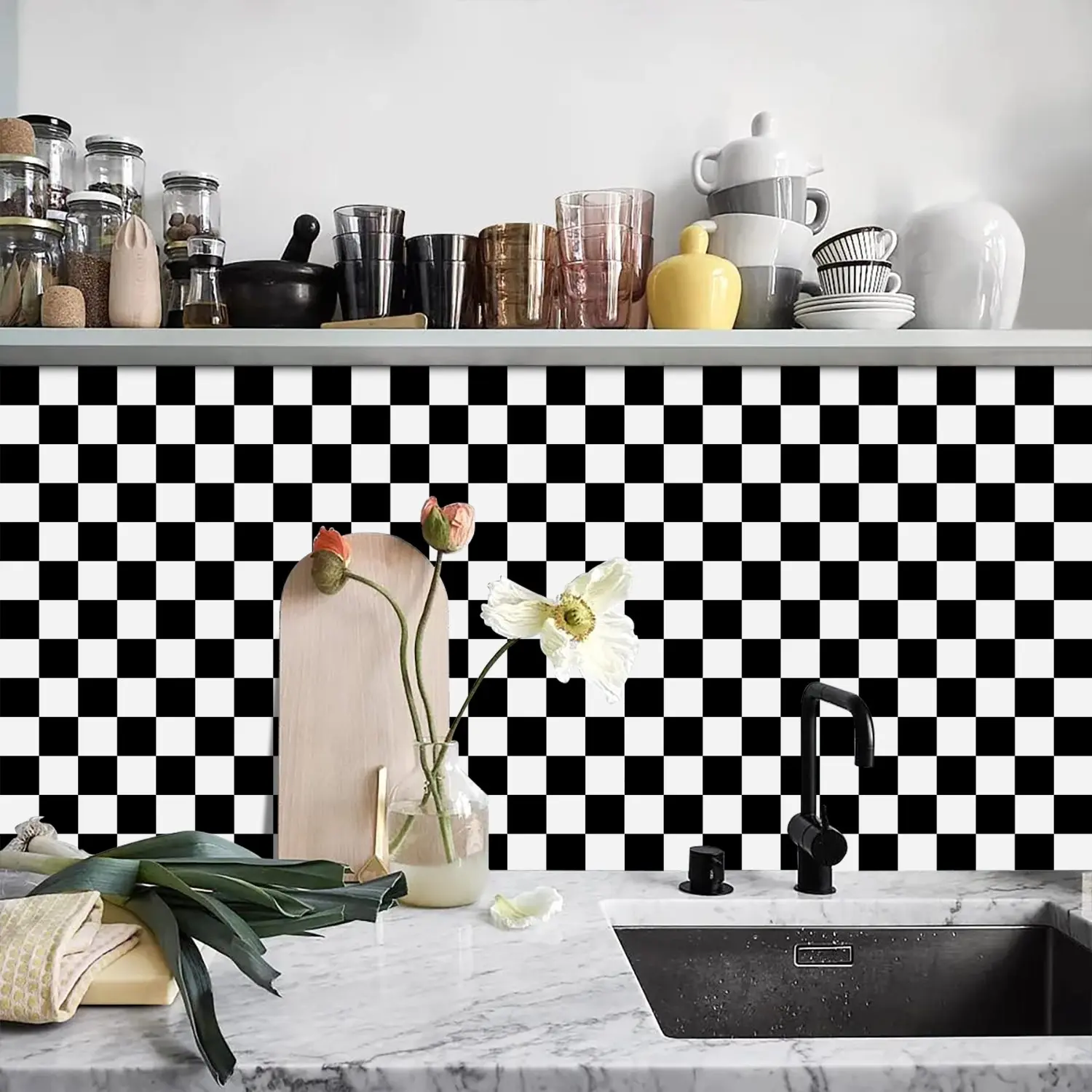 Self-Adhesive Floor Tiles Set, Retro Modern Chessboard Style, Waterproof Durable Easy Clean No Residue Glue