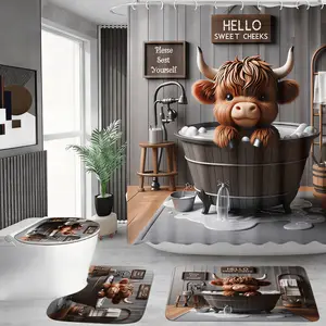 4pcs Highland Cow Bathroom Set, Bathroom Shower Curtain Sets, Hello Sweet Cheeks Shower Curtain, The floor mat fabric is thicker and softer!  Soft Rug, Toilet Seat Cover, Cute Farmhouse Print, Retro Western Decor