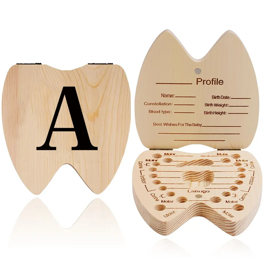 Wooden Milk Tooth Box - Tooth Fairy Box for Deciduous Teeth | Lanugo & Umbilical Cord Collection Holder (Holds 20 Teeth) | Gift for New Parents, Nursery Room, Interior Decor, Decor Accessory, Decoration Items | Black 26 Letters Pattern