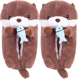 Cute Otter Slippers Holding Fish | Super Soft Plush Women's Home Shoes | Fun Animal Design Indoor Footwear