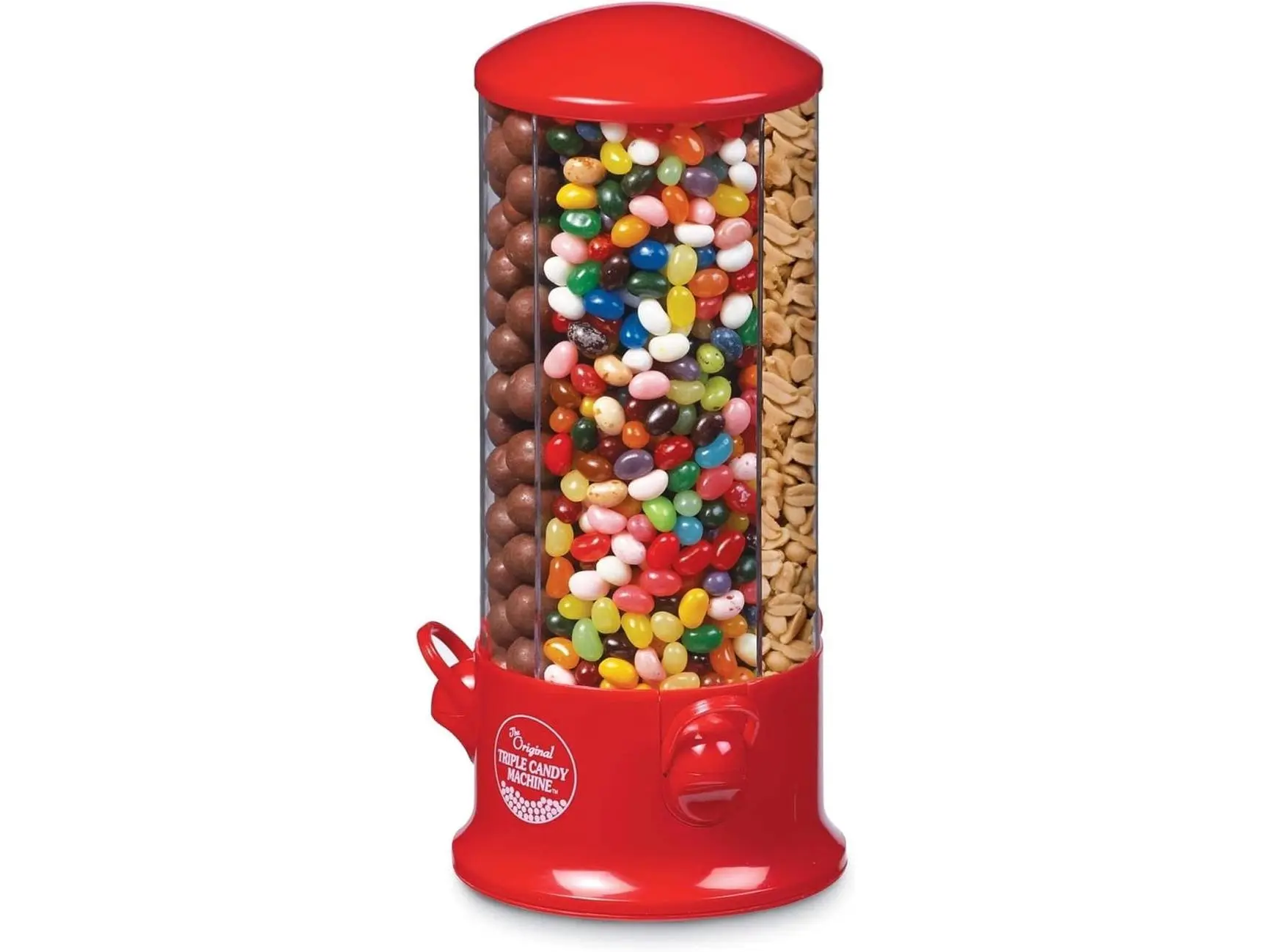 Jobar JB8450RED Modern Polystyrene Compartmentalized Handy Gourmet Jar - 360° Rotates Triple Candy Dispenser, Red, 6x6x12.25in, Rotates 360°