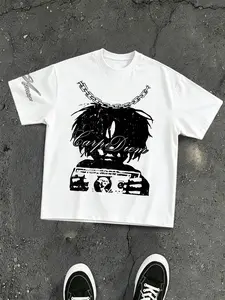 American Dark High Street Lip Gem Cross Short Sleeve Men's T-Shirt, Trendy Rhinestone Necklace Print Aesthetics, Loose Fit Oversize Oversized Streetwear Top, Menswear, Casual