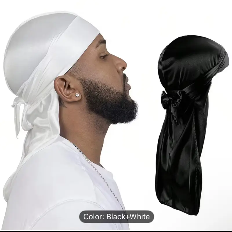 Soft Velvet Wrap Durag Headscarf - Black & White Silky Polyester Cap for Daily Hair Protection, Street Style, Braids & 360 Waves, Dreadlocks Compatible