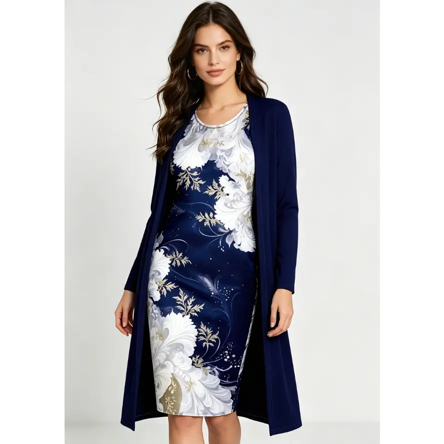Women's 2-Piece Chic Rose Floral Print Clothing Set - Lightweight Long-Sleeve Open-Front Longline Cardigan, Breathable Sleeveless Fit & Feminine Dress for Everyday Wear