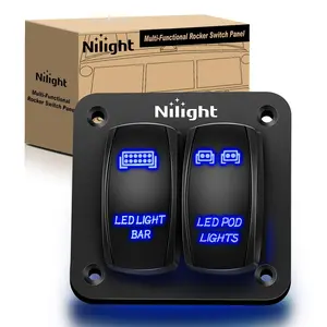 Nilight 2-Gang Aluminum Laser LED Light Bar Rocker Switch Panel, 12/24V DC 5-Pin Pre-Wired ON/Off Toggle with Blue LED Backlit, Includes Screws, Night Lighting for Outdoor Auto, Marine Boat Use