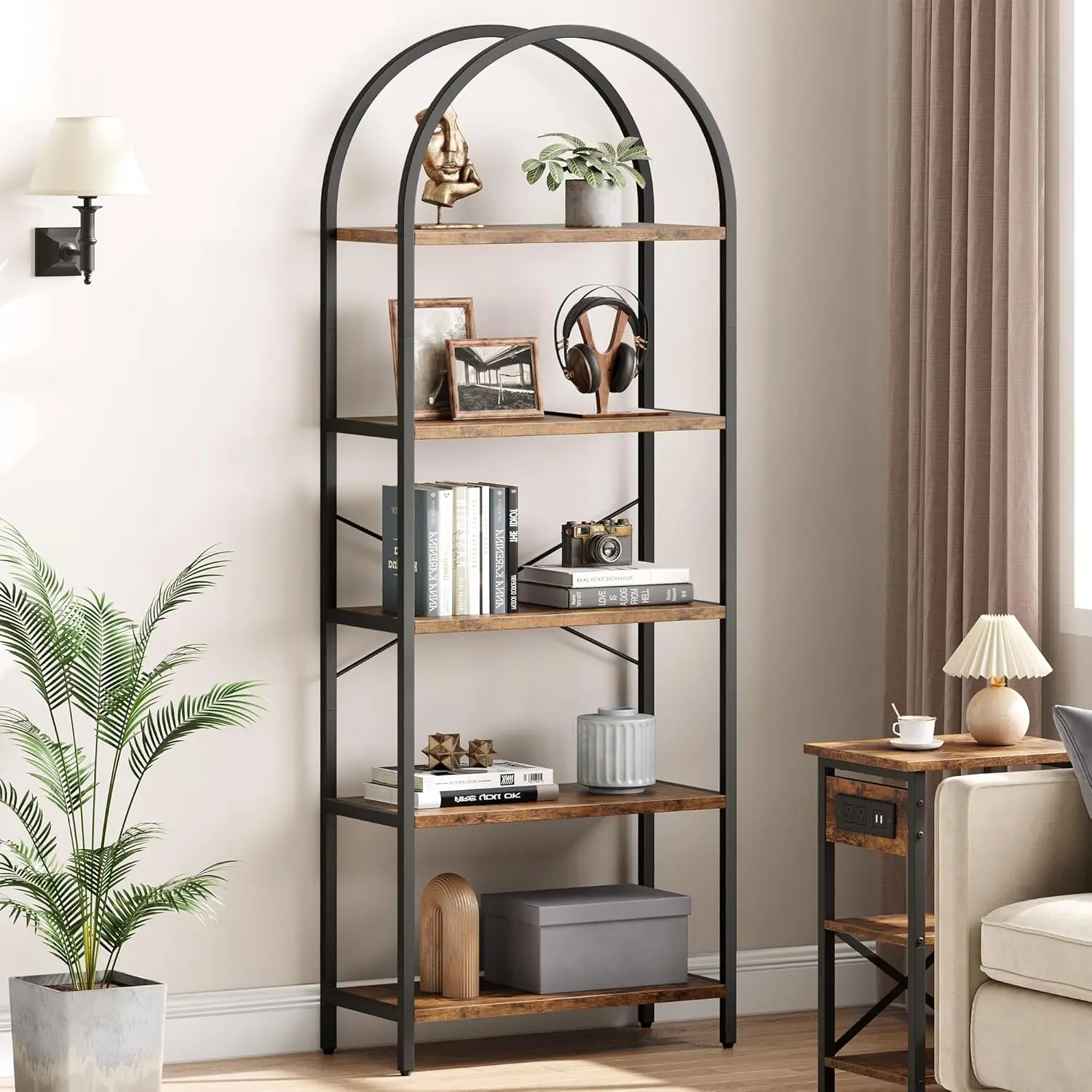 71" Tall Large Stable Arched Bookshelf, Modern 5-Tier Industrial Open Bookcase with Metal Frame, Storage Shelves for Living Room, Bedroom, Office - Anti-Tip Kit Included, Assembly Required