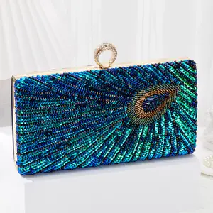 Luxury Beaded Sequins Evening Clutch Purse Rhinestone Clutch Bag For Women Sparkly Peacock Wedding Party Handbag Dinner Bag With Detachable Metal Chain For Ladies Formal Bag Women's Handheld Evening Bag For Wedding Formal Banquet Prom Gala Birthday Gift