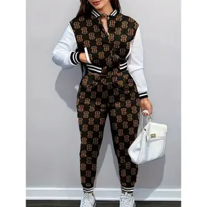 All-over Printed Casual Two Piece Set, Button Front Long Sleeve Bomber Jacket And Trousers, Women's