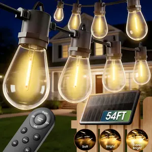 ISUNMEA 54FT(48+6) Solar String Lights Outdoor Waterproof with USB Charging & Remote Control - Dimmable Solar Power Patio Lights with LED Bulbs for Porch, Garden, Yard, Market, Bistro - Last for 20+Hrs
