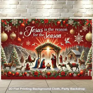 Christmas Nativity Scene Backdrop Ornament Set, 1pc 2D Flat Vibrant Polyester Printed Decor, Cozy Mary-Joseph-Shepherds Design, Snowy Mountain & Starry Night, for Living Room Parties, Birthday Celebrations, Home Supplies,summerwins