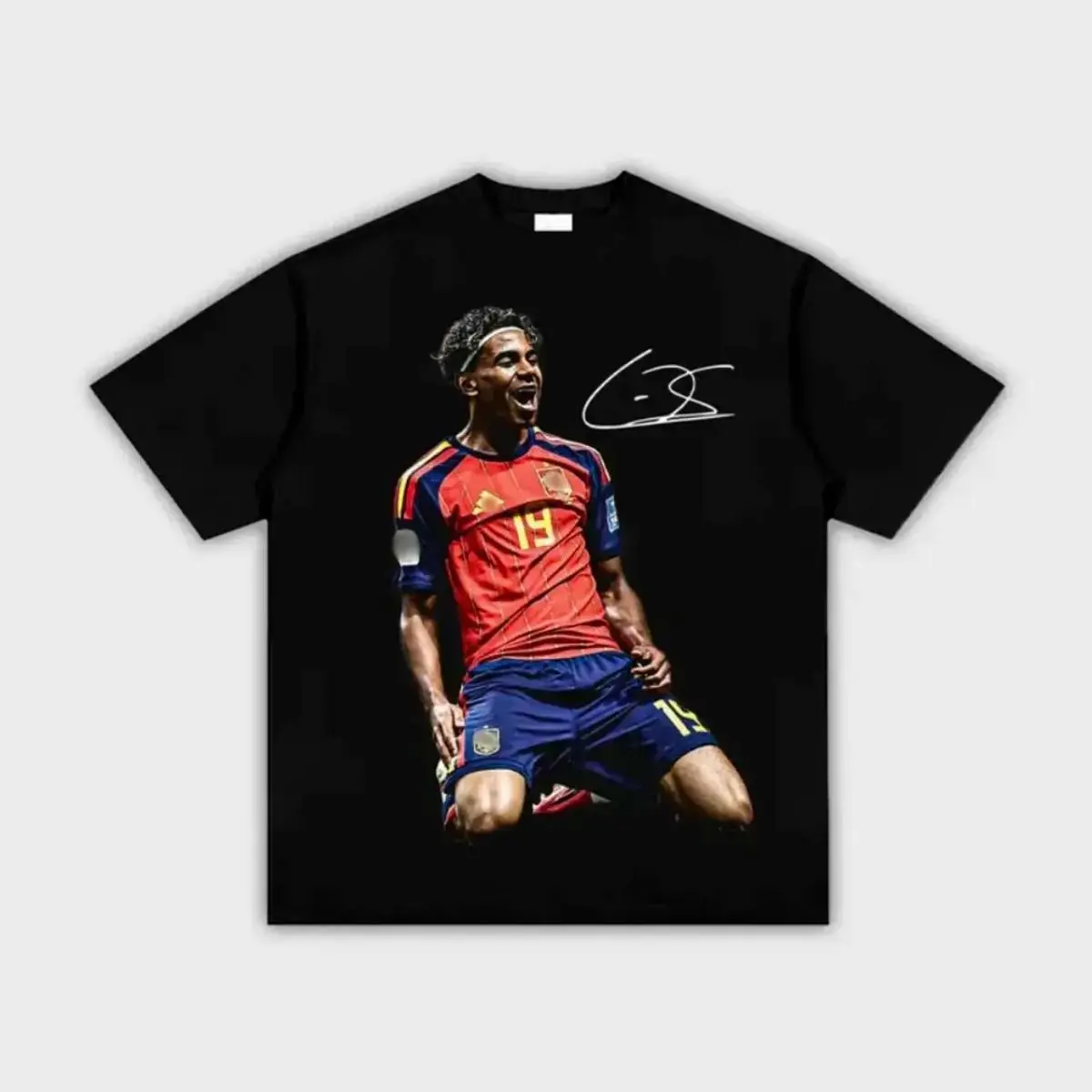 Men's Unisex Short-Sleeve Loose Round Neck Cotton Fabric Casual Shirt - Yamal #19 Vintage Spanish Star Graphic Streetwear Top, Athletic Spain Signature Retro Everyday Wear