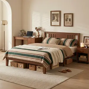 Mid Century Solid Wood Platform Bed with Headboard, Full Size Bed Frame with Wood Slat Support, No Box Spring Needed, Walnut Finish