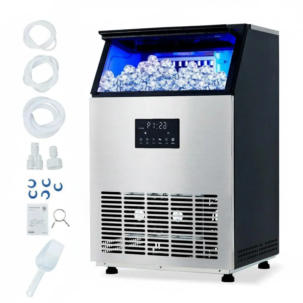 Commercial Ice Maker, 150LBS/24H Stainless Steel Ice Machine with 40LBS Storage, Built-in Freestanding Ice Maker with Auto Clean & 3 Ice Sizes for Home Bar Restaurant