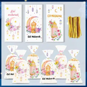 100 Ramadan Blessing Gift Bags Set, Moon/lantern Flower Design, Ribbon, Perfect for Party Candies, Small Gifts, Themed Goodies and Party Favors, Festival Party Supplies