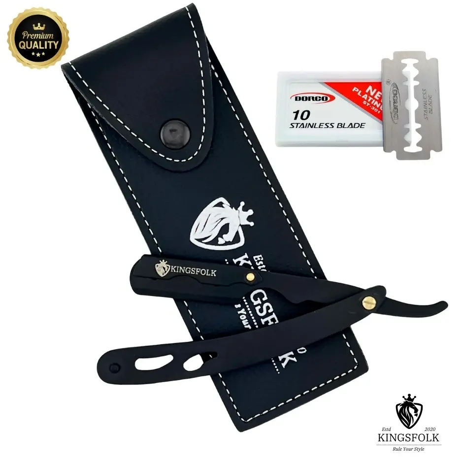 Kingsfolk Premium Quality Barber Straight Razor - Stainless Steel Comfort Handle, Traditional Single Blade Design, 10 Free Double-Edge Blades, Leather Pouch, Smooth Shave, Clean Shave, Men's Grooming Barber Enhancements Tool