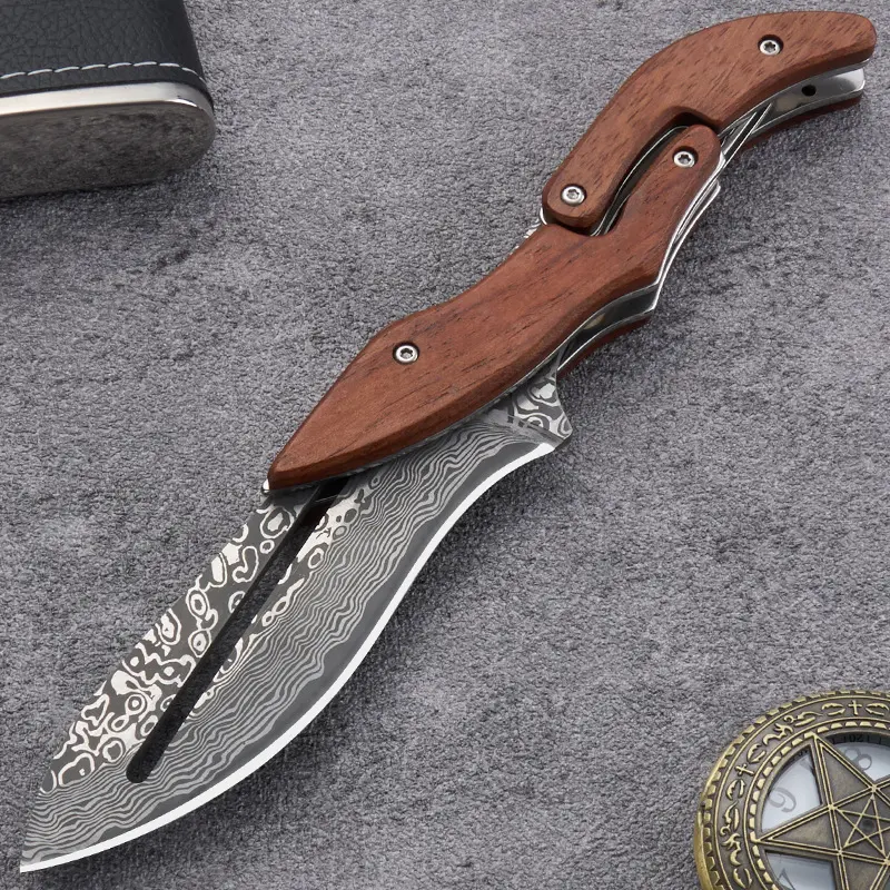 Damascus Steel Folding Knife with Wood Handle - Mechanical Magic Pocket Knife | Kitchen Peeling Tool Multifunctional