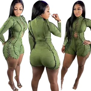 2026 Women's Summer Streetwear Jumpsuit - Green Short Sleeve Romper, Casual Bandage Playsuit for Workout & Outfits