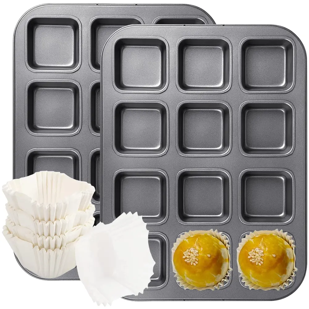 2Pcs Heavy-Duty Nonstick Carbon Steel Square Brownie Pans (12-Cavity with Dividers, 2.625x2.625in Cavities, 14x10.5x1in Size), Heat-Resistant, Oven-Safe, 100Pcs White Cupcake Liners, Gift Boxed for Mothers (All Occasions Home Improvement Baking Mold)