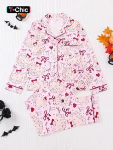 2 pieces of women's Halloween cute ghost girl bow print long sleeved Knit pants pajama set Loungewear with top pockets suitable for all seasons, comfortable, trendy, energetic, elegant and casual home wear Pjs