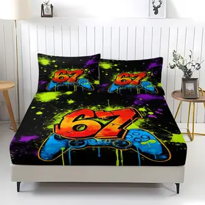 3-Piece Gamepad 67 Pattern Fitted Sheet Set, Soft And Durable Bedding Set, Includes 1 Piece Flat Sheet And 2 Pieces Pillowcases, Daily Holiday Birthday Gift Bedroom Decorations For Kids And Adults