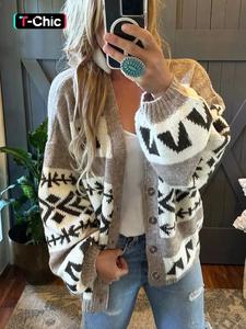 women's patchwork geometric print button front cardigan, casual elegant drop shoulder lantern sleeve knitwear for fall, womenswear tops, fashion ladies' knit clothing for daily wear, preppy 80s clothes