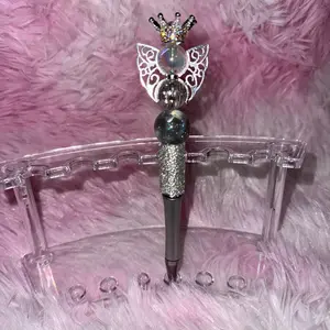 Silver and Gray Butterfly Themed Topped with Crown Beaded Sugar Pen (PREMADE)