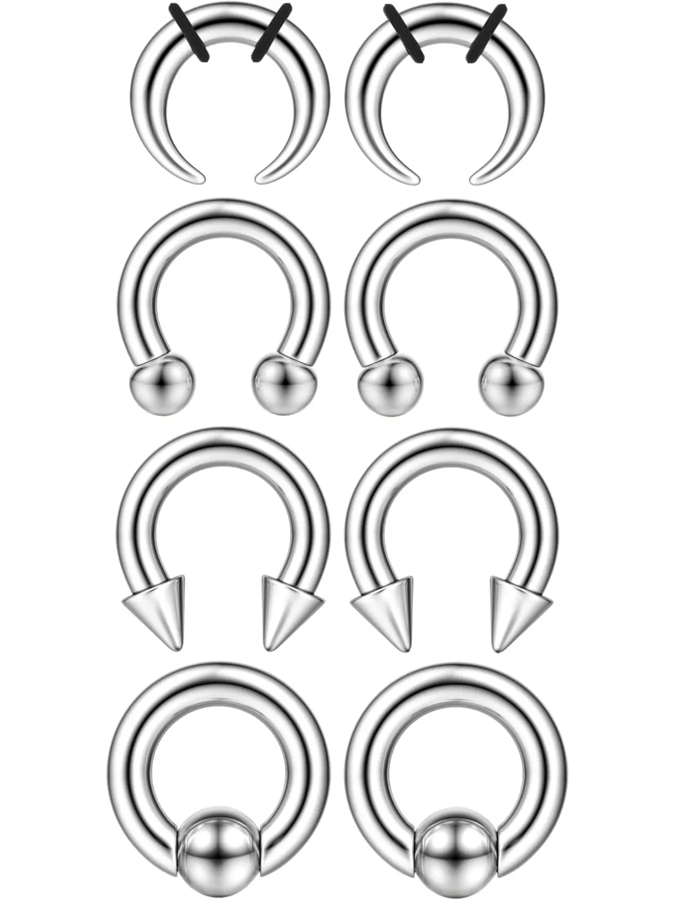 Steel Septum Kit - 2G to 14G Septum Rings, Pincher, Tapers & Gauge, Nose Piercing Jewelry, Nose Hoop, Nose Rings Set, Nose Piercings Kit - Silver & Black Tone
