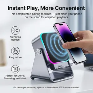 Bluetooth Speaker Phone Stand Wireless Charger, 5 in 1 Charging Station, Magnetic Adjustable Dock, Induction Audio Speaker Holder for iPhone iPad, Portable Desk Gadget Gift