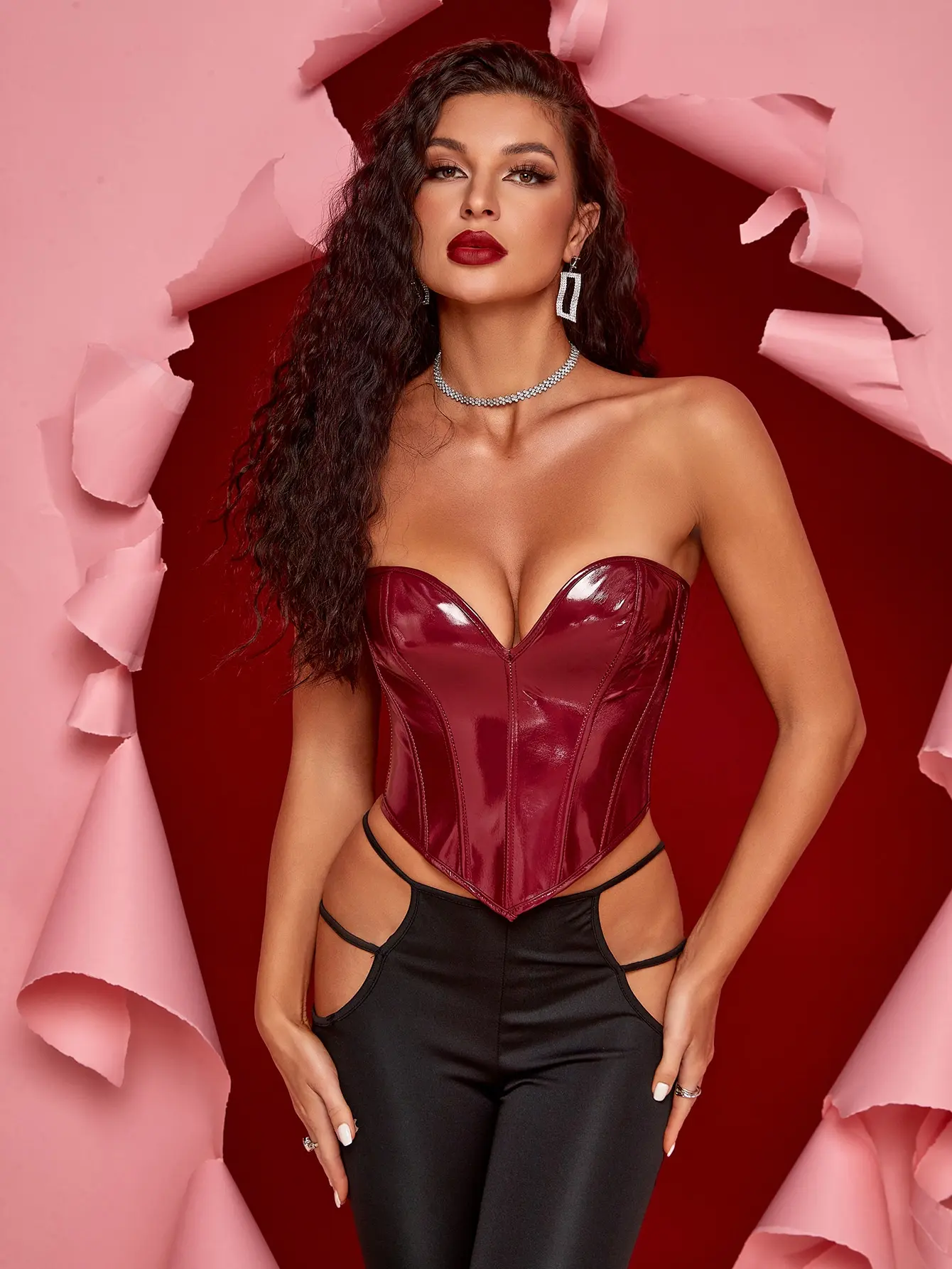 Apperloth Studio Women Patent Leather Deep V Neck Back Lace Up Corset Sexy Tops