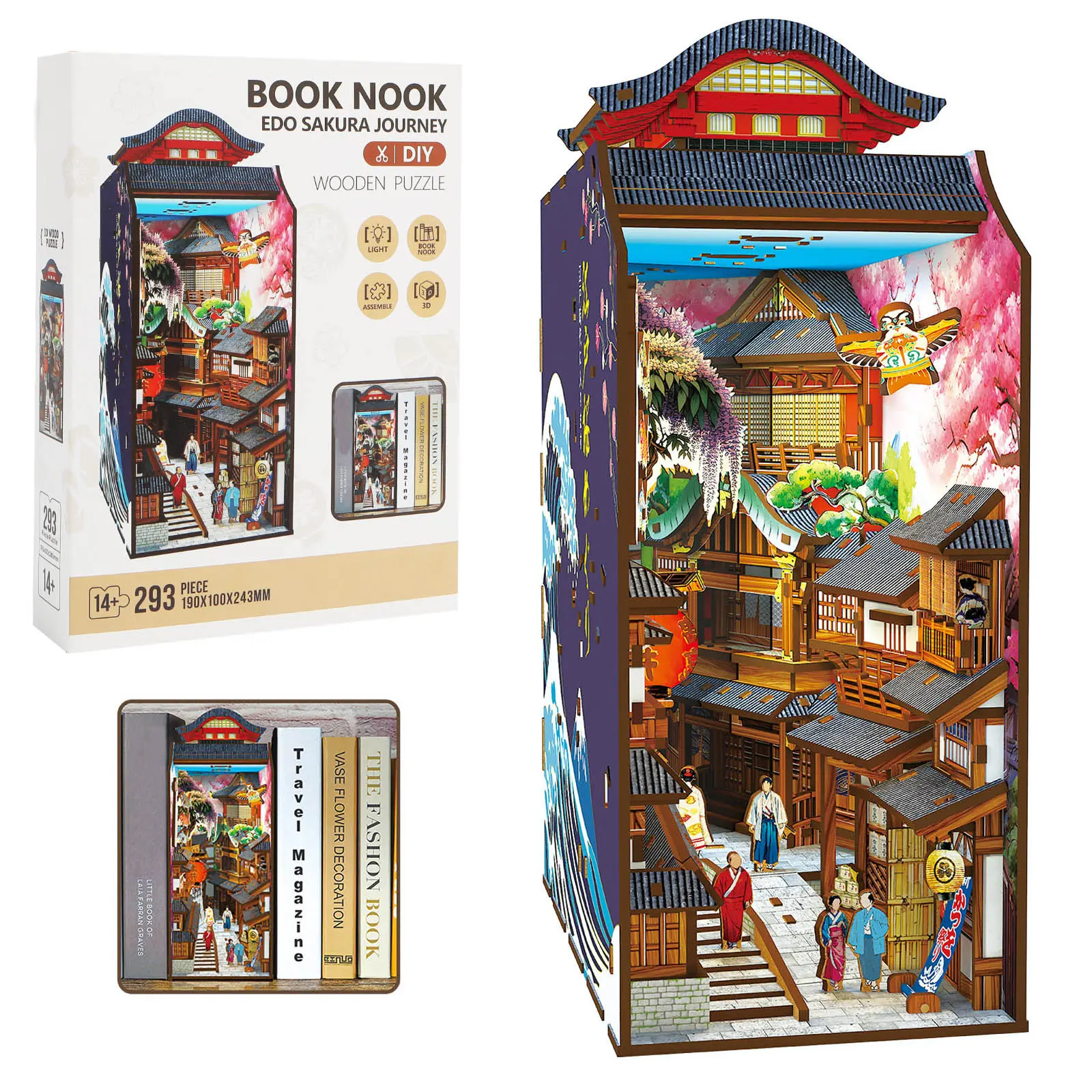 Edo Sakura Journey 3D Wooden Book Nook DIY Kit with LED Lights, High-Quality Pre-Cut Wooden Pieces, Cherry Blossom Bookshelf Insert & Bookend Decoration, Japanese-Inspired House Decor, Collectible for 12+ Years, Birthday Gift (Requires Batteries)
