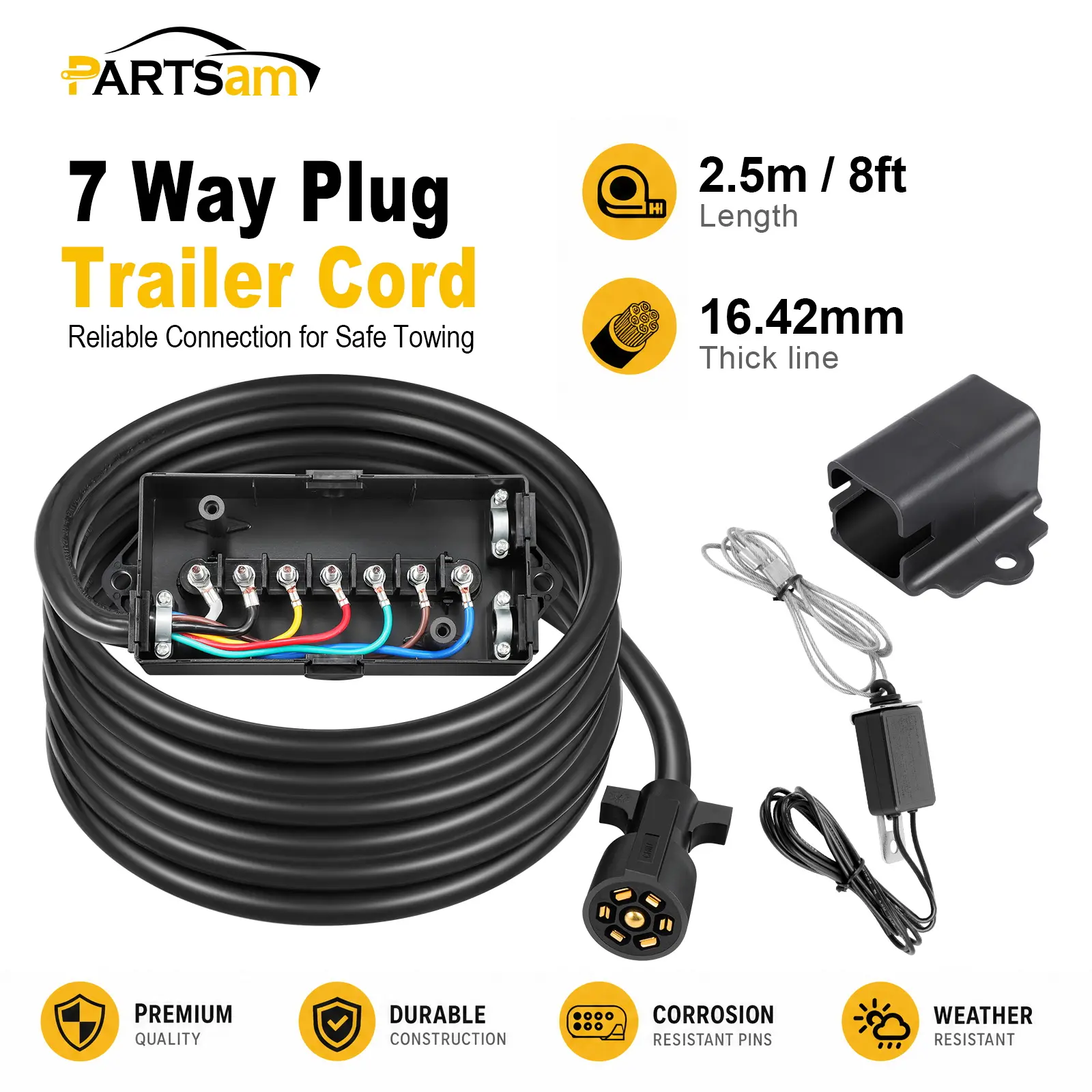 Partsam 7-Way Trailer Wiring Harness Kit - 8ft Cord, 12V Breakaway Switch, Plug Holder, Waterproof 7-Gang Junction Box for Camper, RV, Trailer Lights