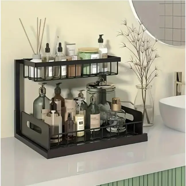 Jun Double-Tier Under-Sink Storage Rack - Slide Out Pull Out Cabinet Organizer, Metal Space-Saving Interior Organizer with Dual-Shelf Storage Drawer Units, Pull-Out Drawer Brings Items to Hand for Kitchen Bathroom