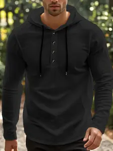 Men's Linen Hooded Henley Button-Down Long Sleeve Classic Casual Sweatshirt, Menswear, Breathable and Comfortable, Loose Fit, American Style