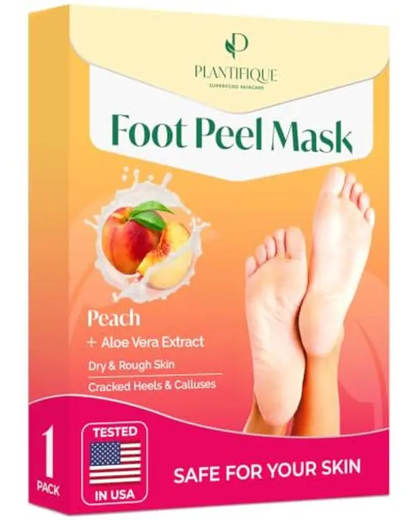PLANTIFIQUE Foot Peeling Mask, Dermatologically Tested - 1 Pair, Peach | Repairs Heels & Removes Dry Dead Skin for Baby Soft Feet - Exfoliating Peel Foot Mask for Dry Cracked Feet