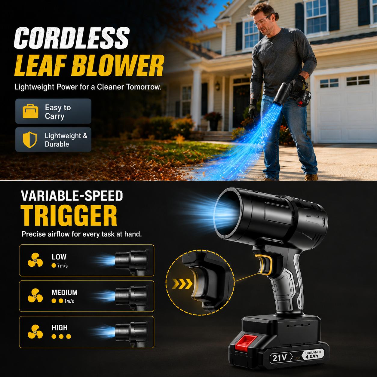 Cordless Portable Turbo Jet Blower with Brushless Pure Copper Motor, 2 Batteries, Multi-Use Air Duster for Car Detailing, Keyboard Cleaning, Power Tool for Garden Maintenance Holiday Gift