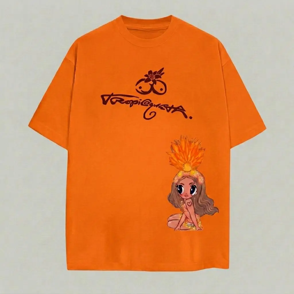 Unisex Orange Tropical Cartoon Girl Graphic T-Shirt, Fruit Headpiece and Floral Icon Print, Short Sleeve Crew Neck Casual Tee