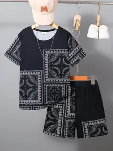 Summer Boys' 2-Piece Set, Medium-Large Kids Geometric Print Short Sleeve Top & Shorts, Casual Sportswear, Active Set, Comfortable and Stylish
