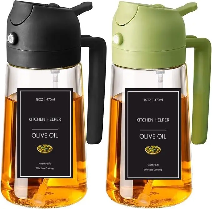 2Pack 16oz/470ml Newly Upgraded Food Grade Glass Olive Oil Sprayer-Dispenser, 2-in-1 Kitchen Utensils with Nozzle, Portion Control Spray Bottle with Stickers for Cooking, Salad