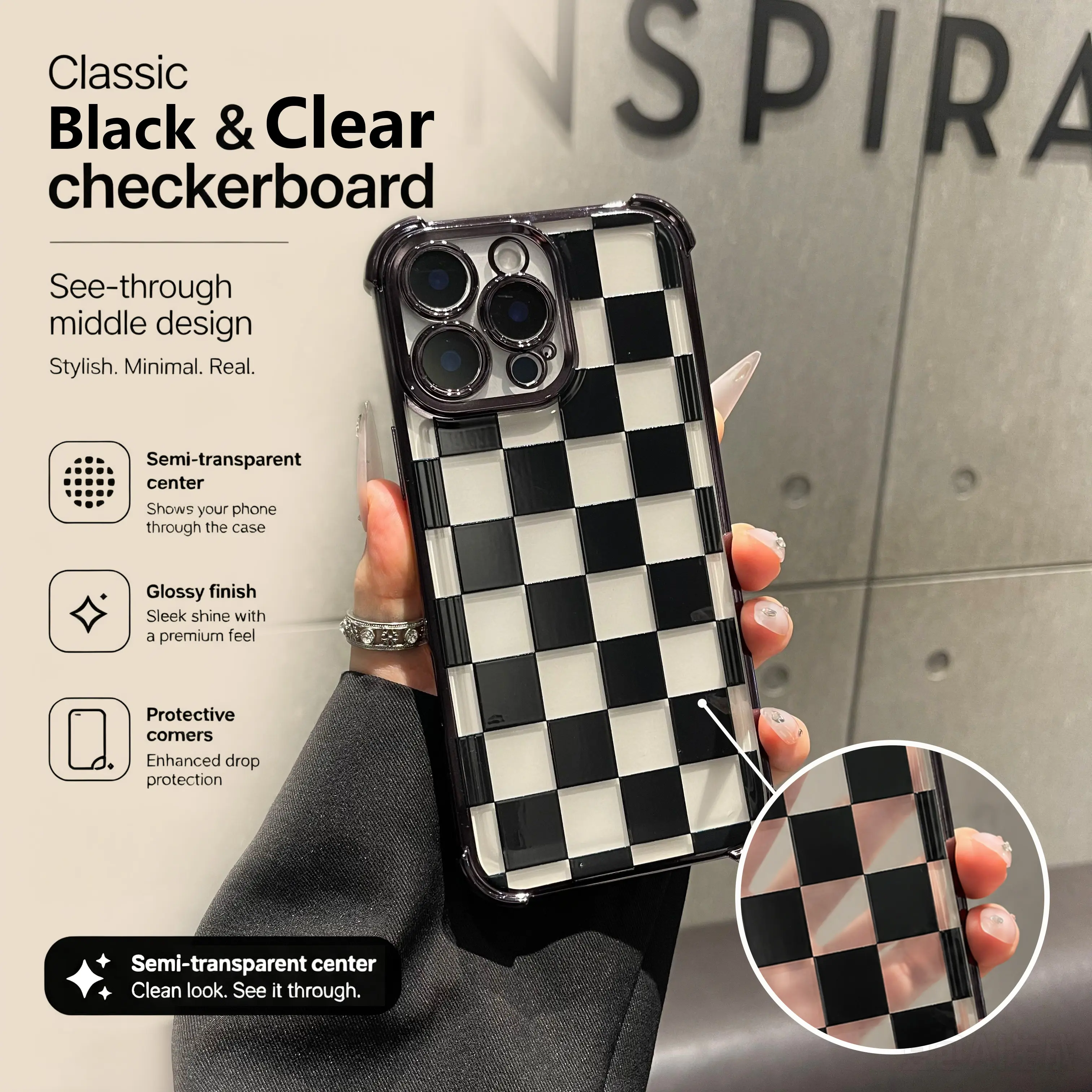 Black & Clear Checkerboard Four-Corner Drop-Proof TPU Phone Case for iPhone an d Samsung Galaxy 17 Air 16Pro Max 15 14Plus 13, S26Ultra S25 S24 S23  Simple and stylish camera protection Shockproof Anti-Drop Protection Durable Phone Case.HY13