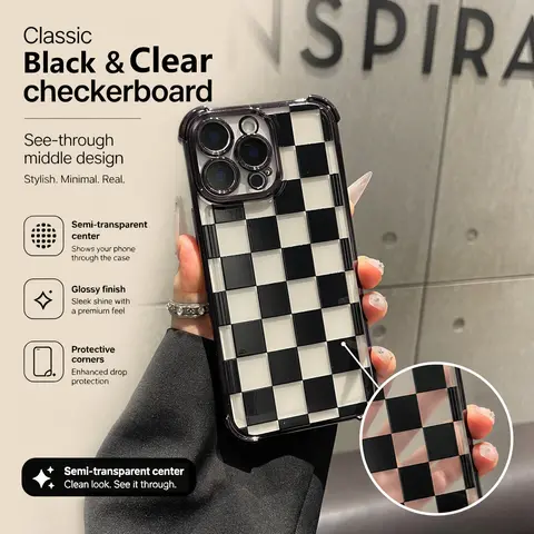 Black & Clear Checkerboard Four-Corner Drop-Proof TPU Phone Case for iPhone and Galaxy 18ProMax 17 Air 16Pro Max 15 14Plus 13, S26Ultra S25 S24 S23  Simple and stylish camera protection Shockproof Anti-Drop Protection Durable Phone Case.HY13