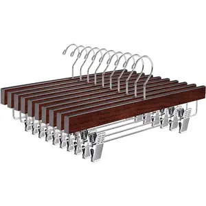 Retro Wooden Pants Hangers with 2-Adjustable Clips, Walnut  Skirt & Trouser Hangers for Jeans, Slacks, Shorts (, 10 Pack)