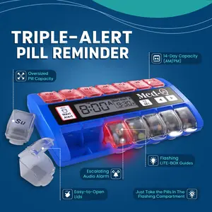 MedQ Pillbox Triple Alert Pill Reminder with Oversized Pill Capacity 14-Day AM/PM Flashing LITE-BOX Guides Easy-to-Open Lids